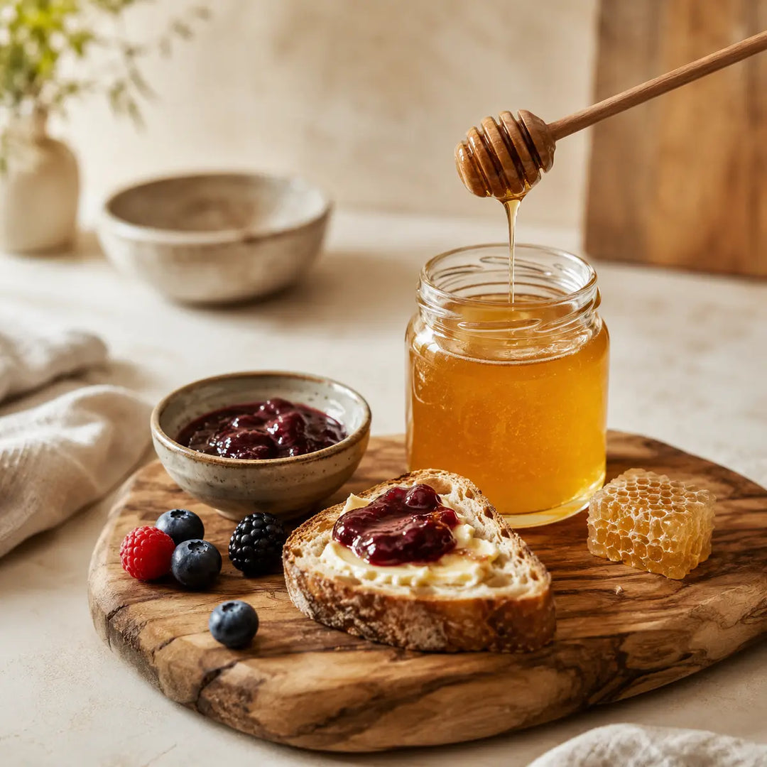Handwerkliche Aufstriche und goldener Honig mit Beerenkonfitüre und Sauerteigbrot
