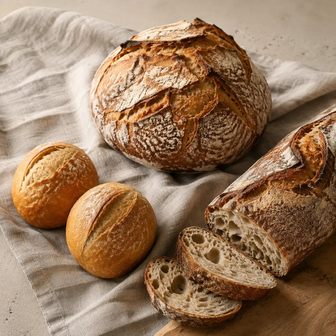Frisch gebackenes Sauerteigbrot und knusprige Brötchen aus handwerklicher Herstellung