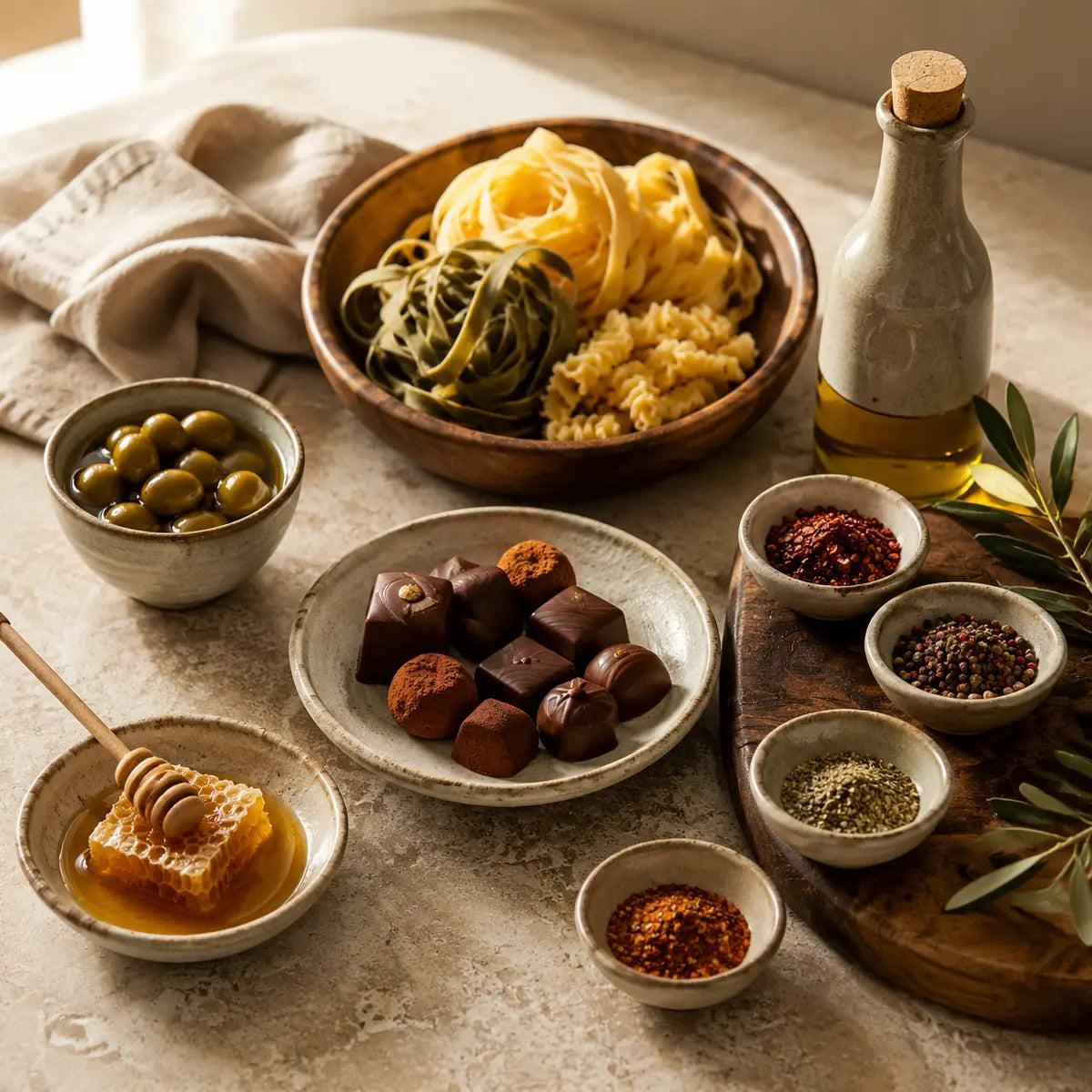 Beliebte Feinkost mit Pasta, Gewürzen, Honig, Olivenöl und feiner Schokolade