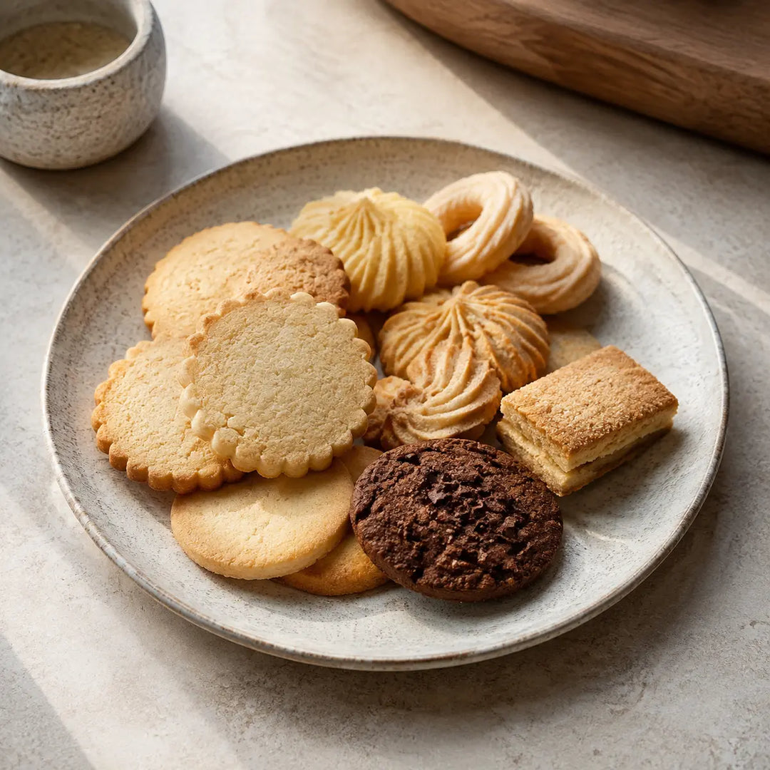 Feines handwerkliches Gebäck mit Butterplätzchen, Spritzgebäck und Schokoladenkeks