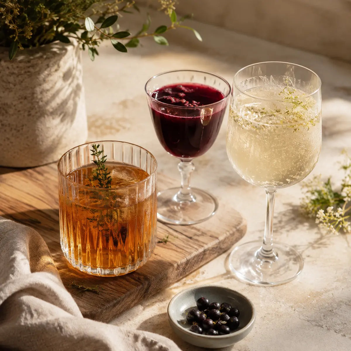 Edle Auswahl aus botanischem Getränk, Beeren-Cordial und prickelnder Kräuterinfusion