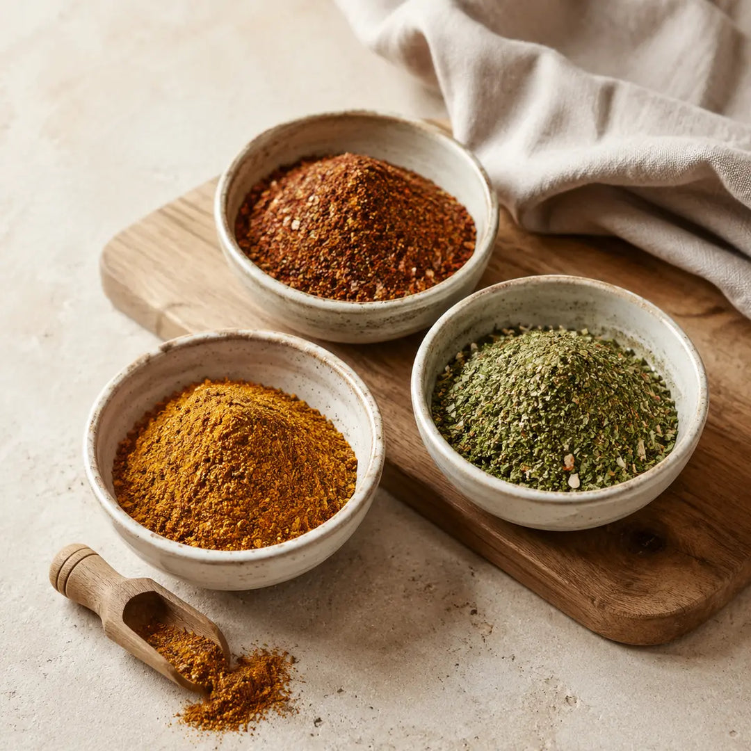 Drei aromatische Gewürzmischungen mit Curry, Paprika und mediterranen Kräutern