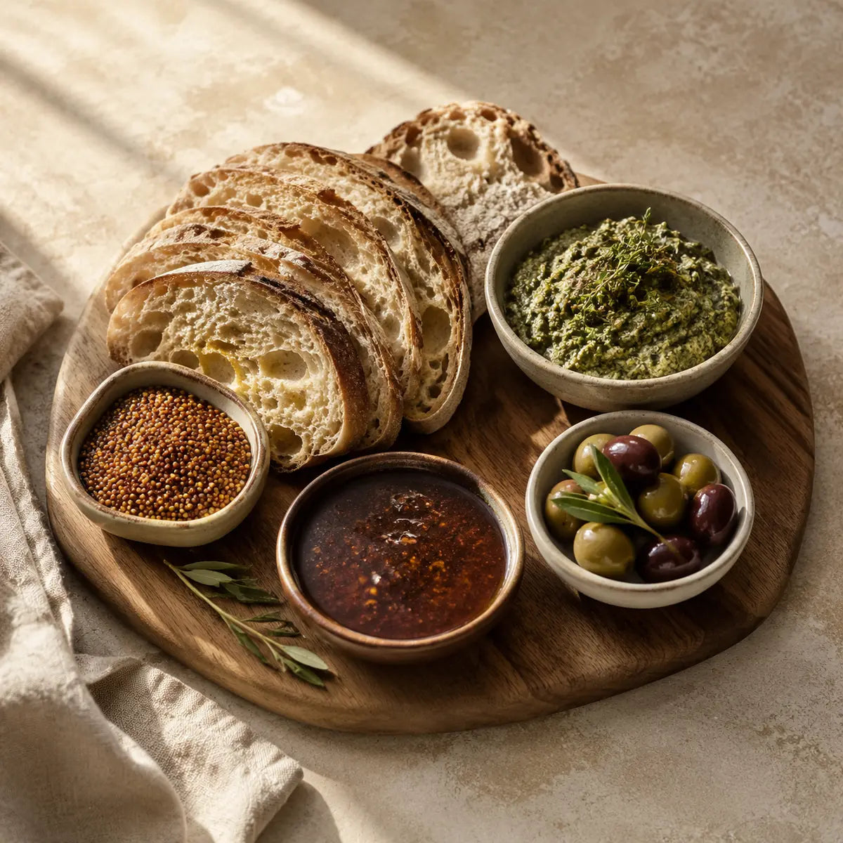 Herzhafte Feinkost mit Sauerteigbrot, Senf, Oliven, Kräutercreme und Sauce
