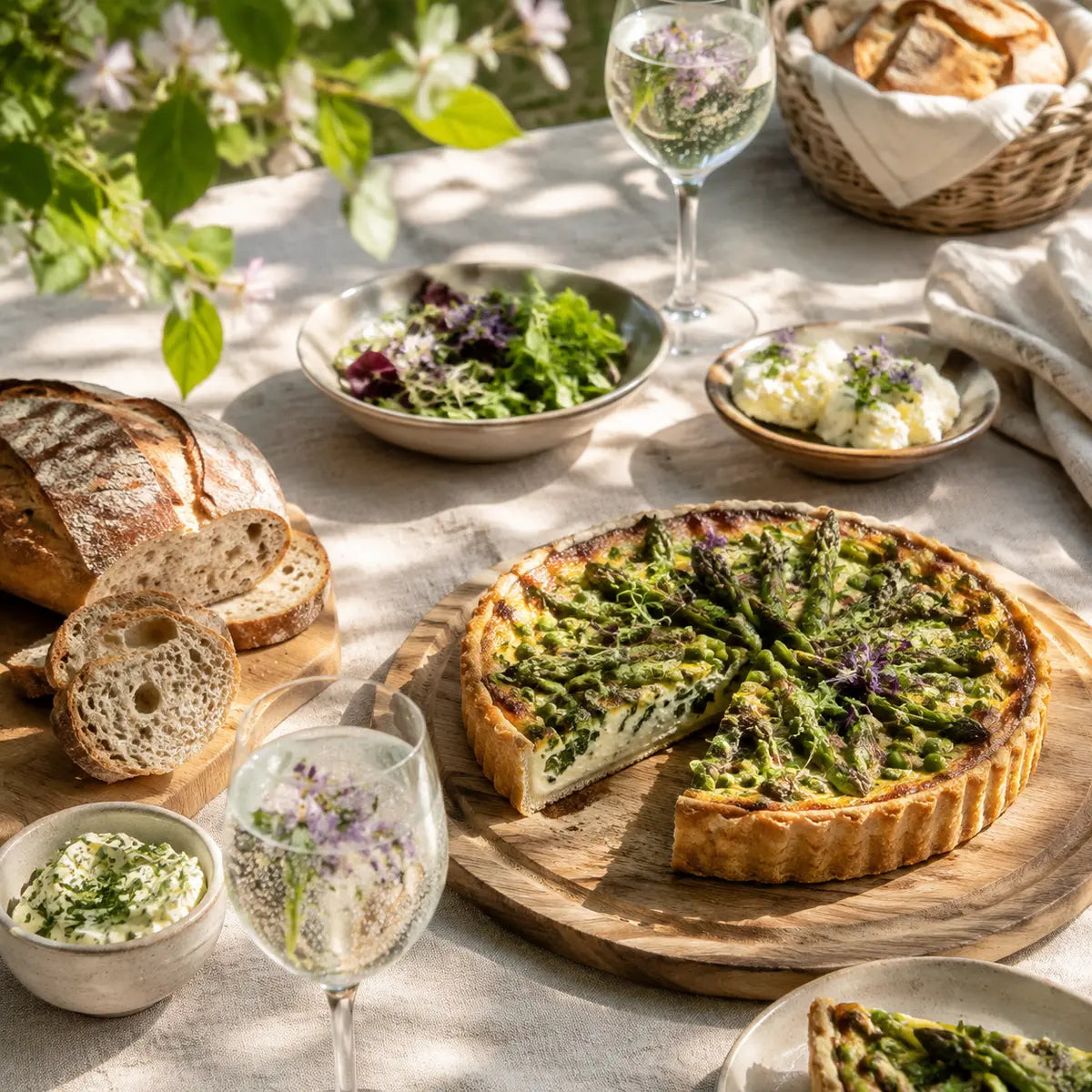 Frühlingshaftes Feinkost-Picknick mit Spargelquiche, Brot, Salat und Kräutergetränk