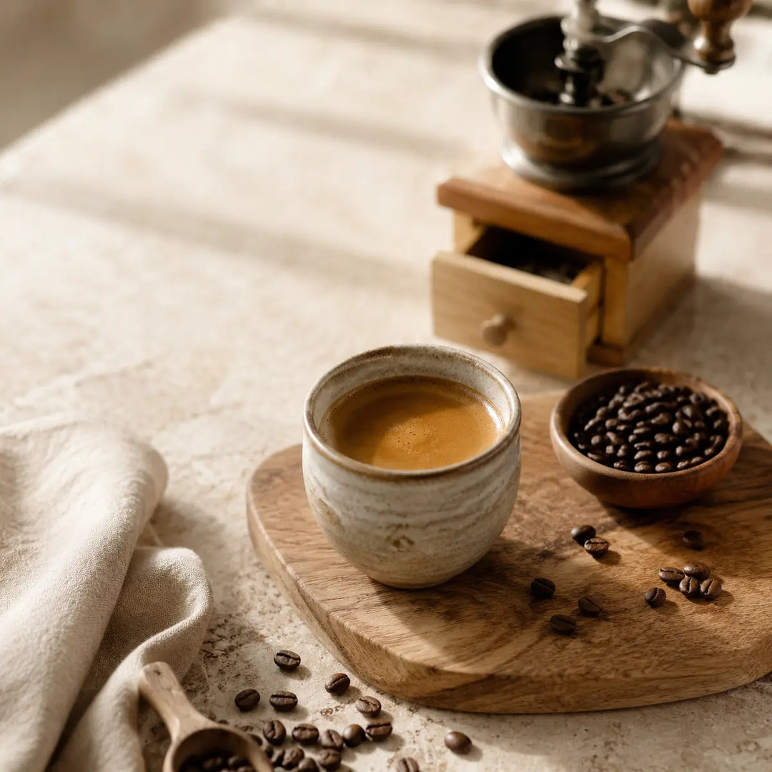 Frisch geröstete Kaffeebohnen und aromatischer Espresso aus einer handgefertigten Tasse