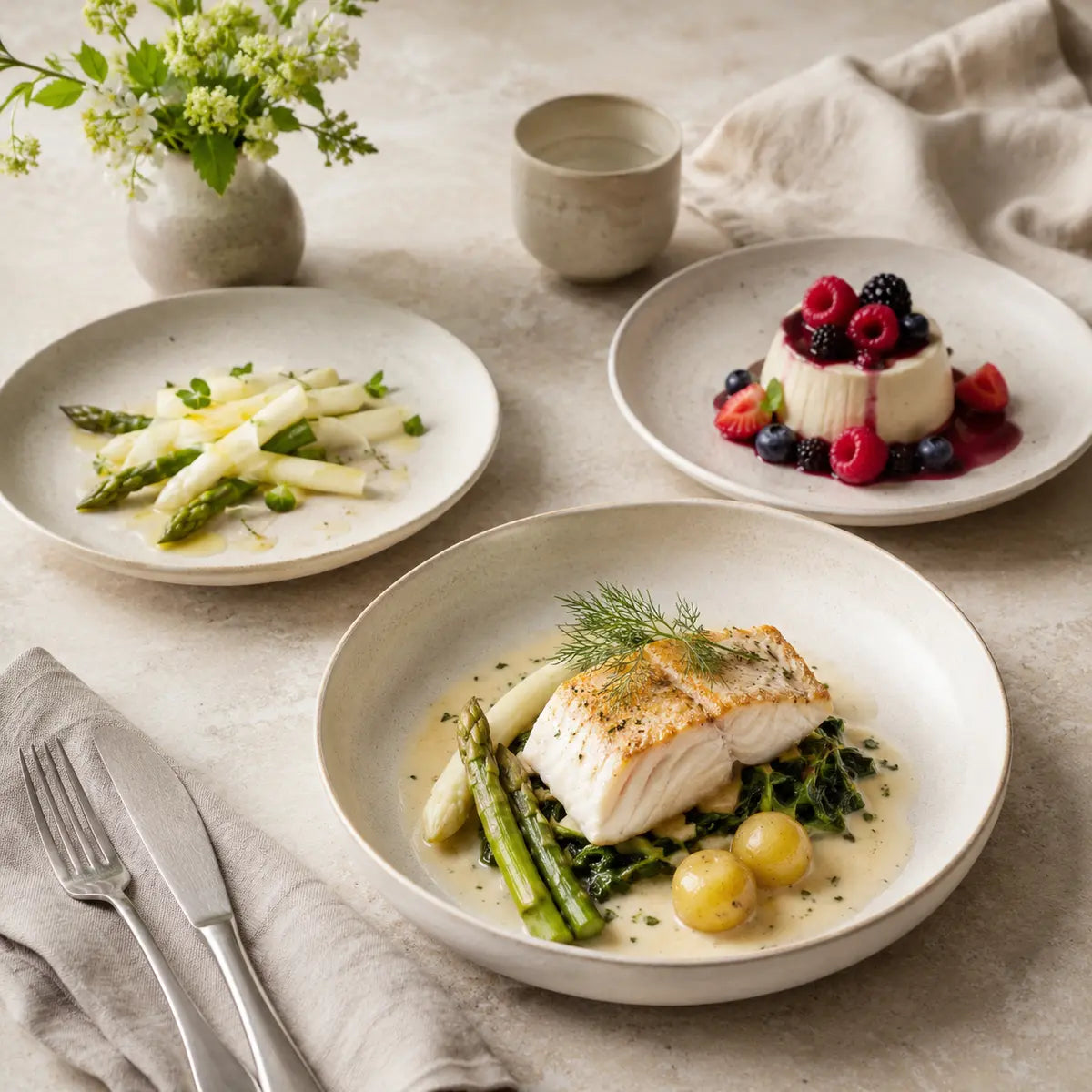 Elegantes Muttertagsmenü mit Spargel, Fischgericht und Beerendessert