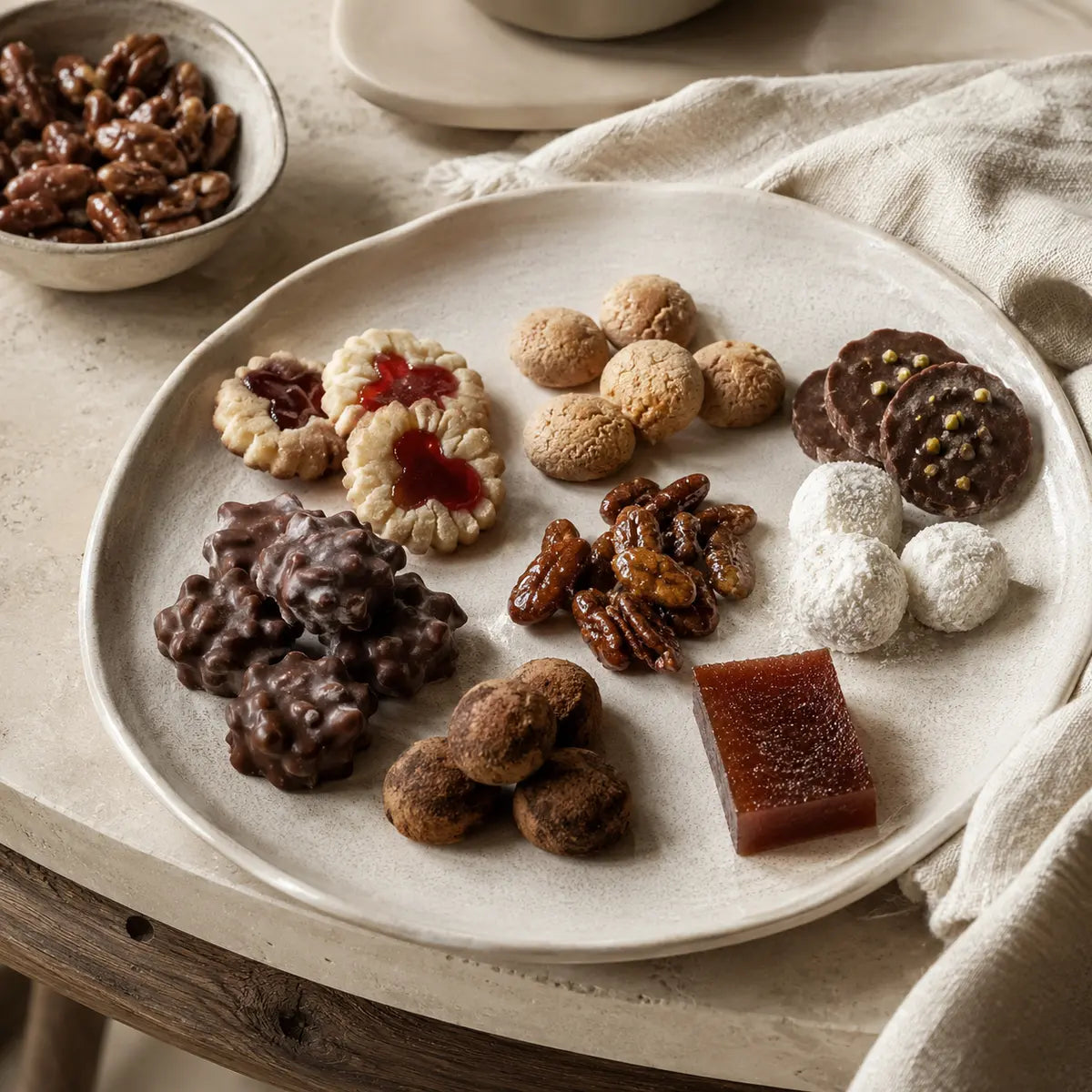 Feine Naschereien mit Gebäck, Schokolade, Nüssen, Trüffeln und Fruchtkonfekt