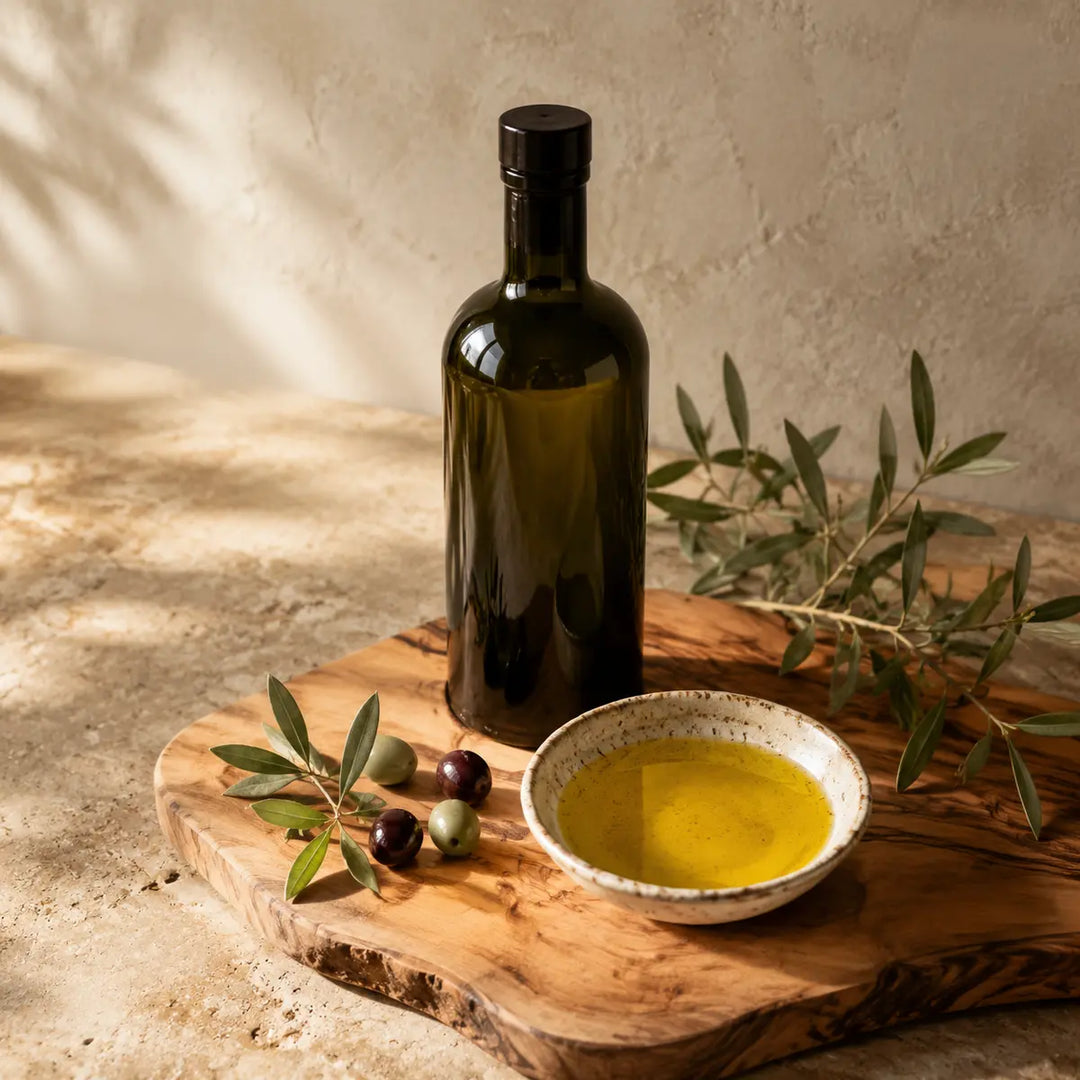 Goldenes Olivenöl mit Oliven und Olivenzweigen auf natürlichem Holz