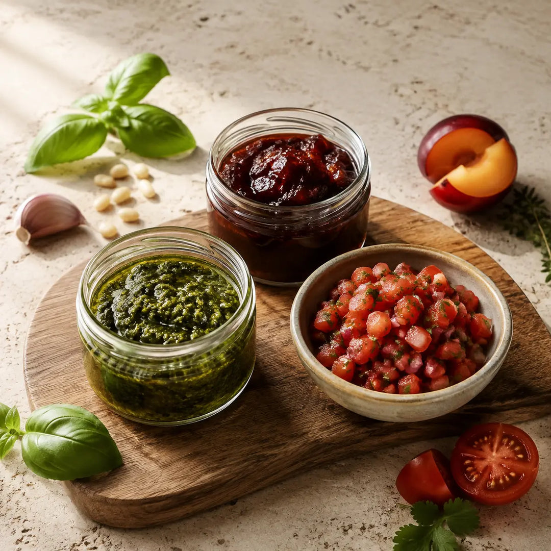 Basilikumpesto, fruchtiges Chutney und frische Tomatensalsa in offenen Gefäßen