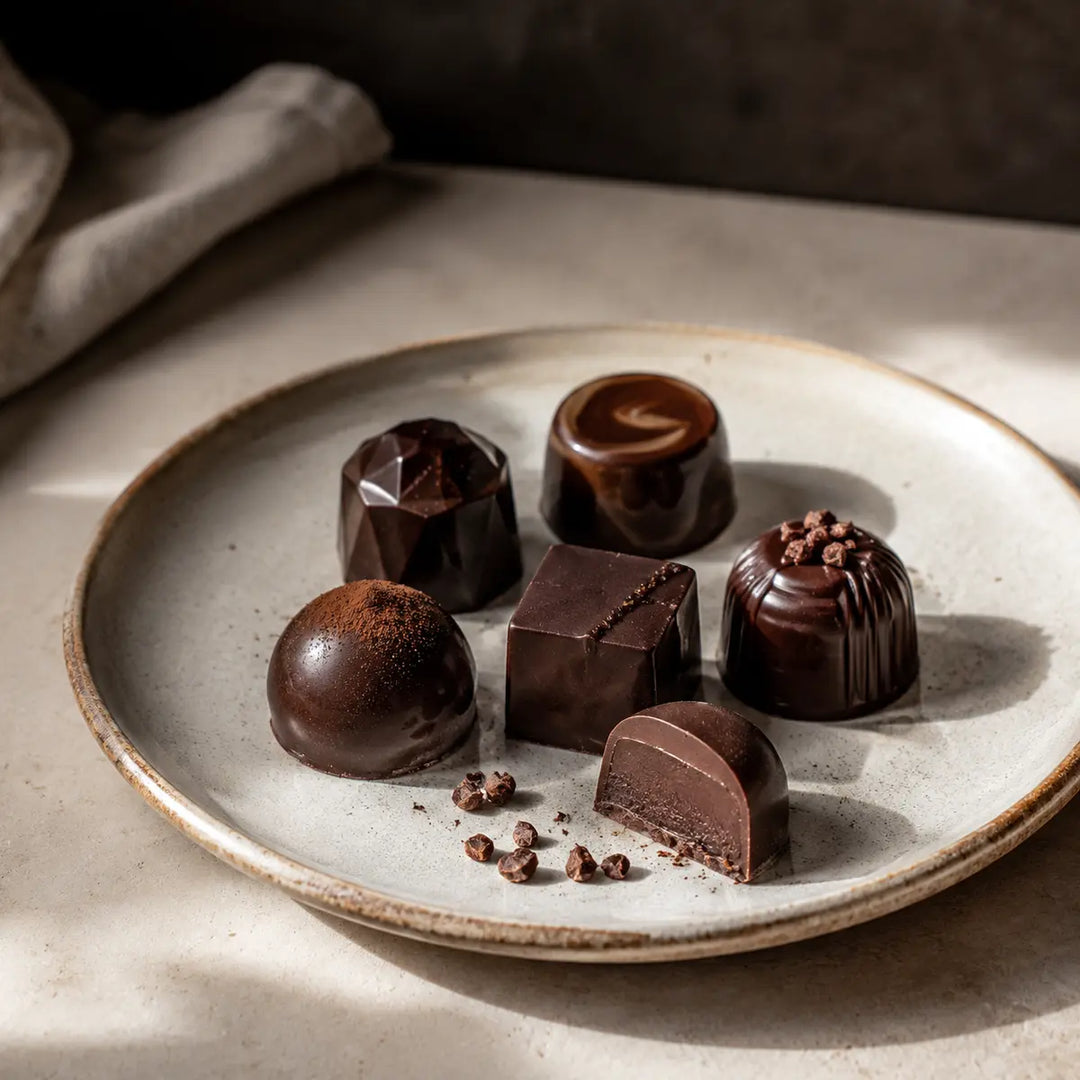 Handgefertigte dunkle Schokoladenpralinen auf einem hellen Keramikteller
