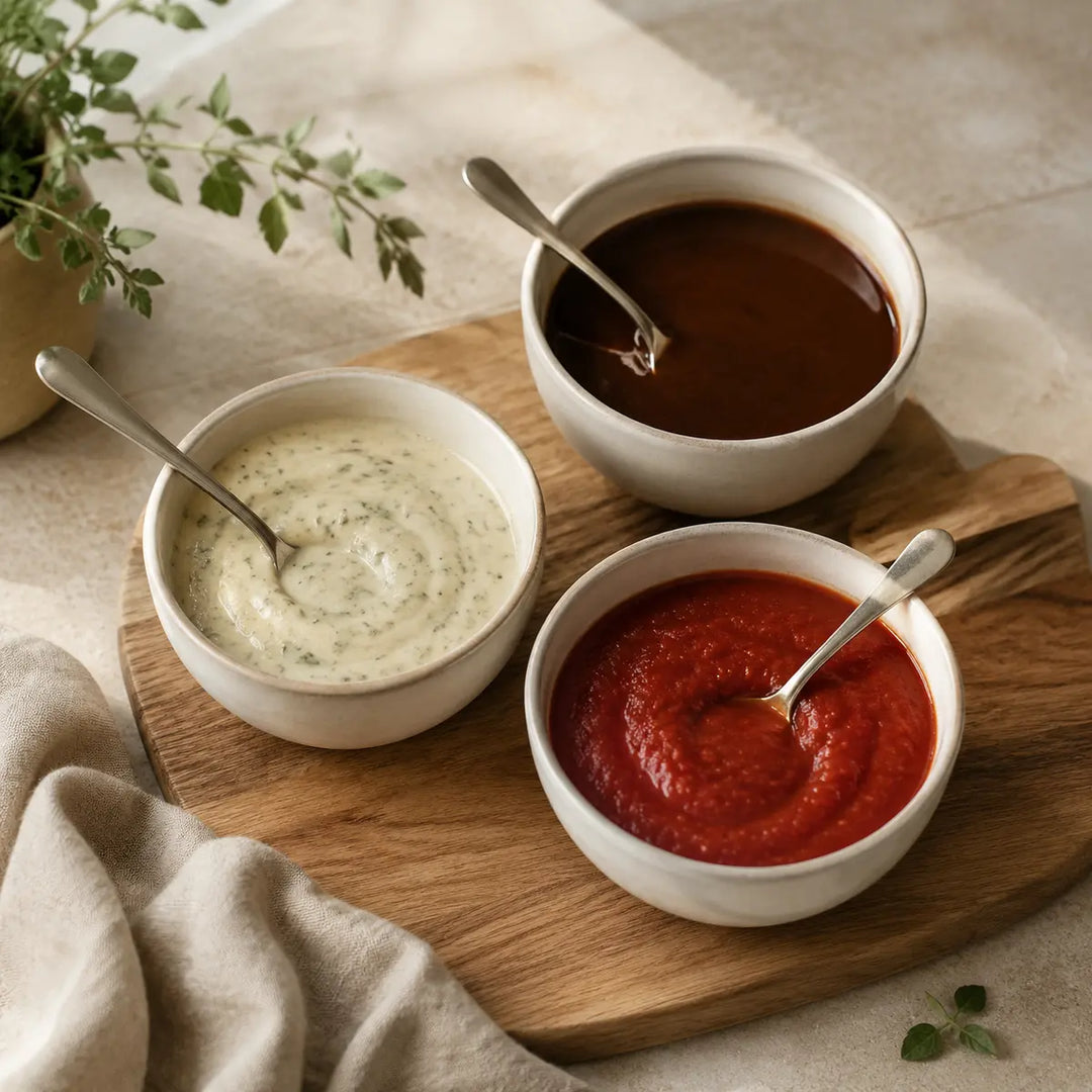 Drei feine Saucen mit kräftigem Jus, heller Kräutersauce und Tomatensauce