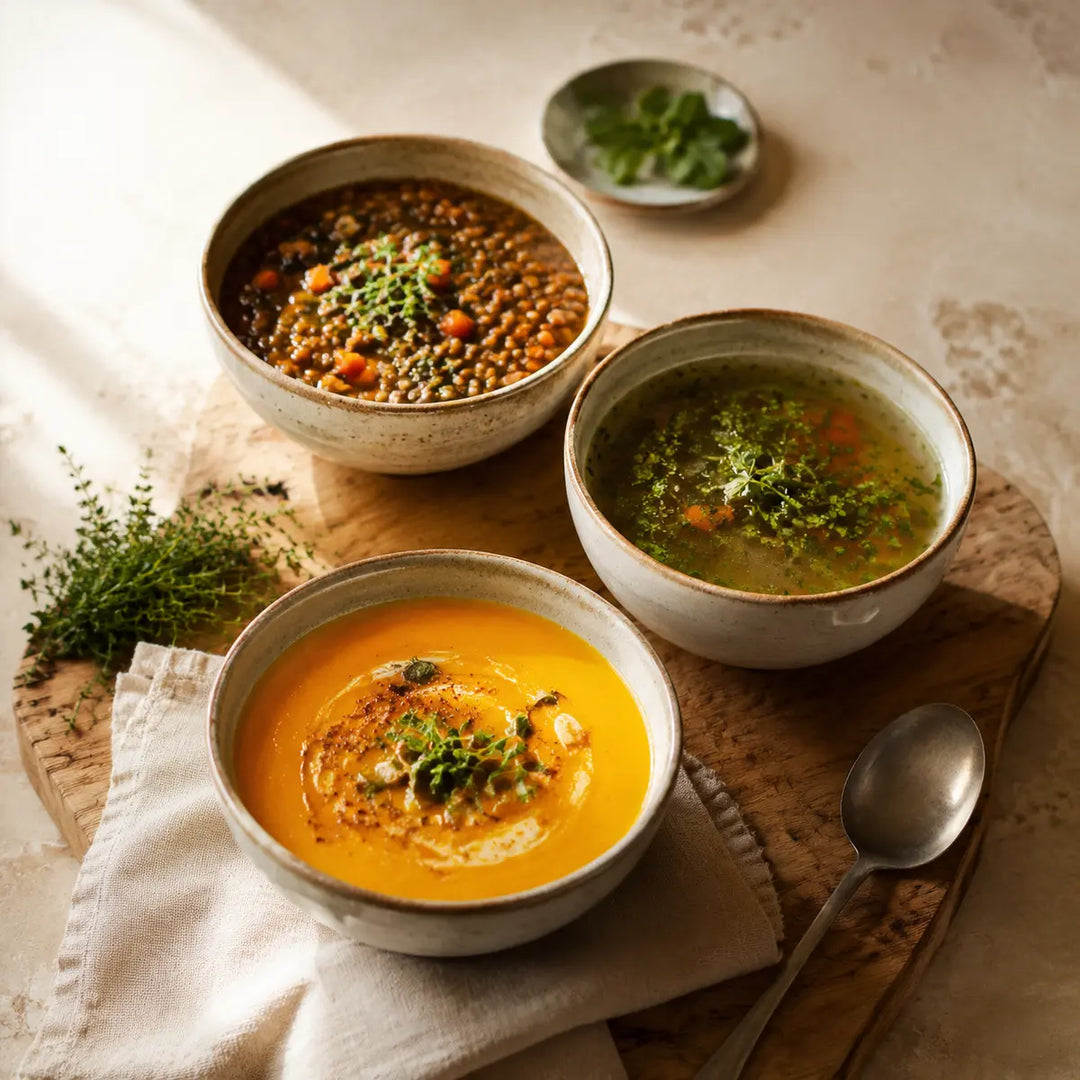 Drei Suppenspezialitäten mit cremiger Gemüsesuppe, Kräuterbrühe und Linsensuppe