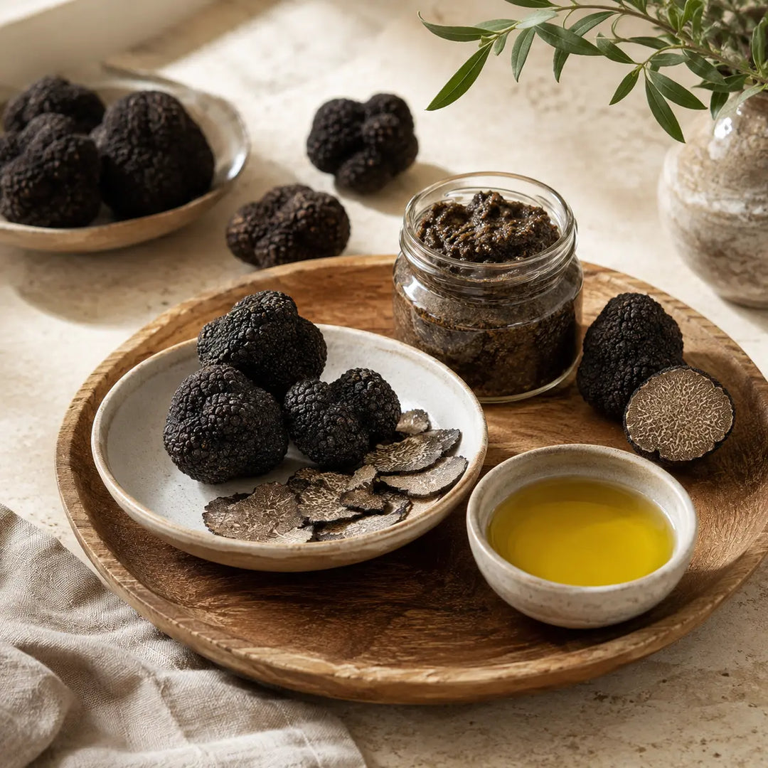Schwarze Trüffel, feine Trüffelscheiben, Trüffelcreme und aromatisches Trüffelöl