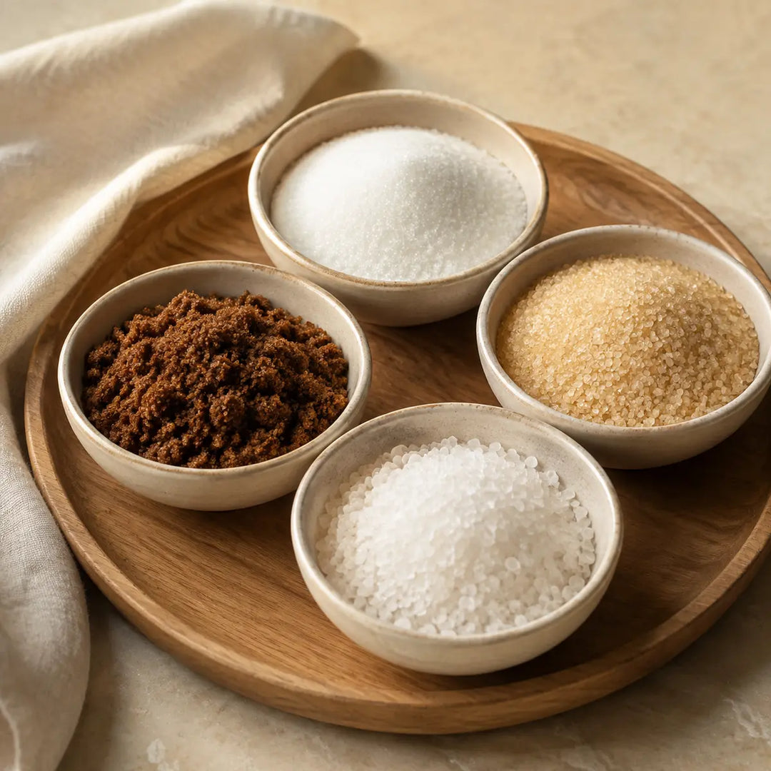 Vier Zuckersorten mit weißem Zucker, Rohrohrzucker, Muscovado und Hagelzucker