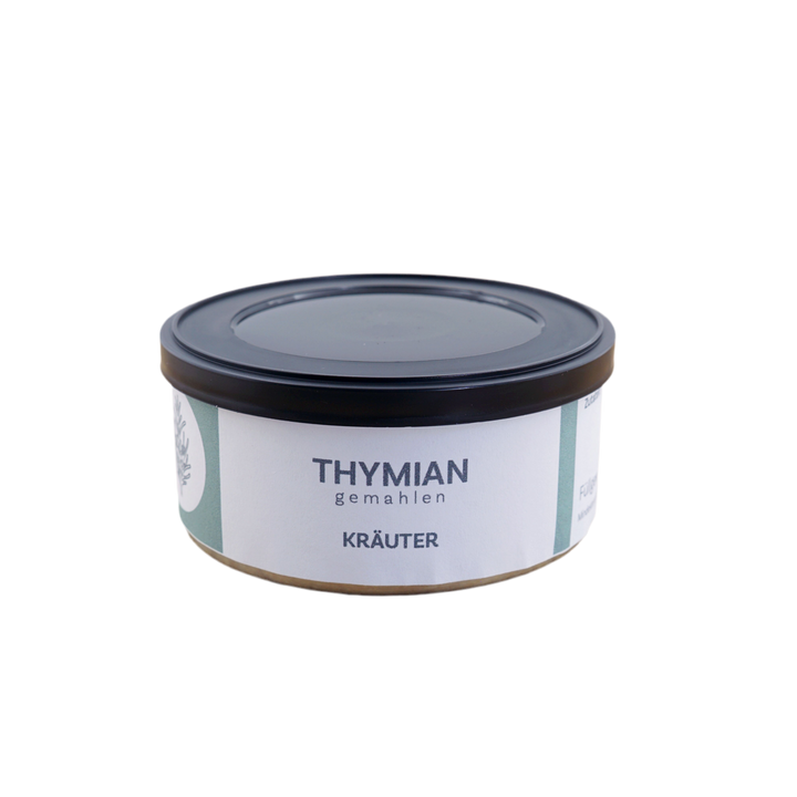 Thymian gemahlen von Jungermann Gourmet, Produktansicht vor weißem Hintergrund.