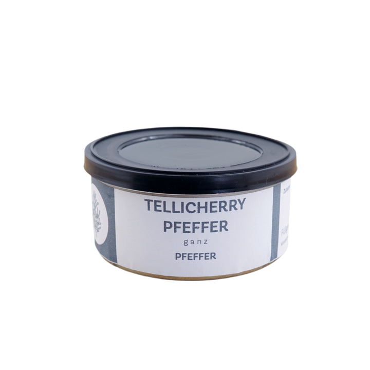 Tellicherry Pfeffer von Jungermann Gourmet, Produktansicht vor weißem Hintergrund.
