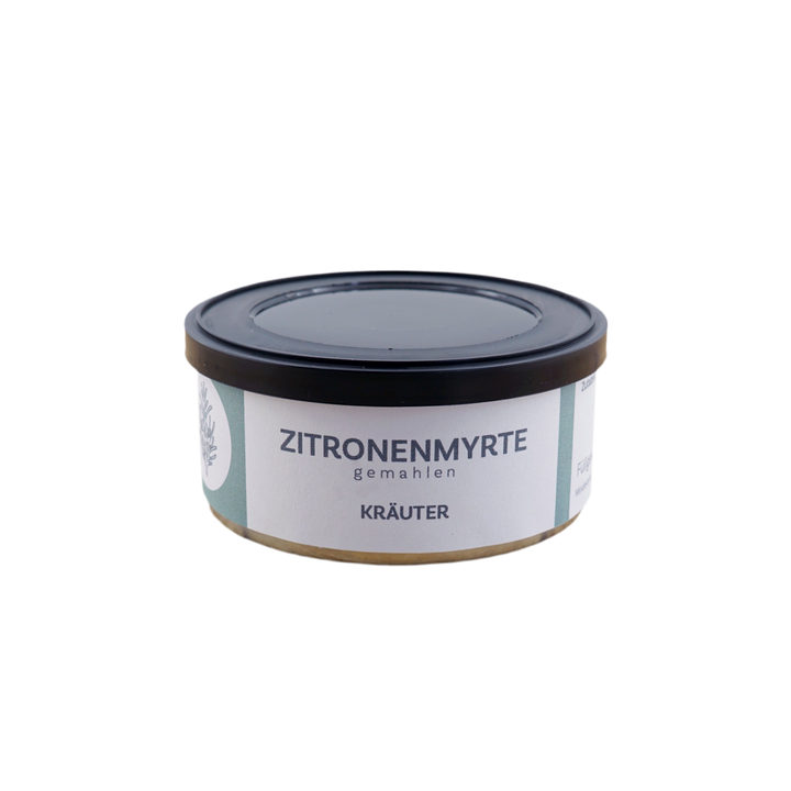 Zitronenmyrte gemahlen von Jungermann Gourmet in der flachen Originaldose mit schwarzem Deckel.