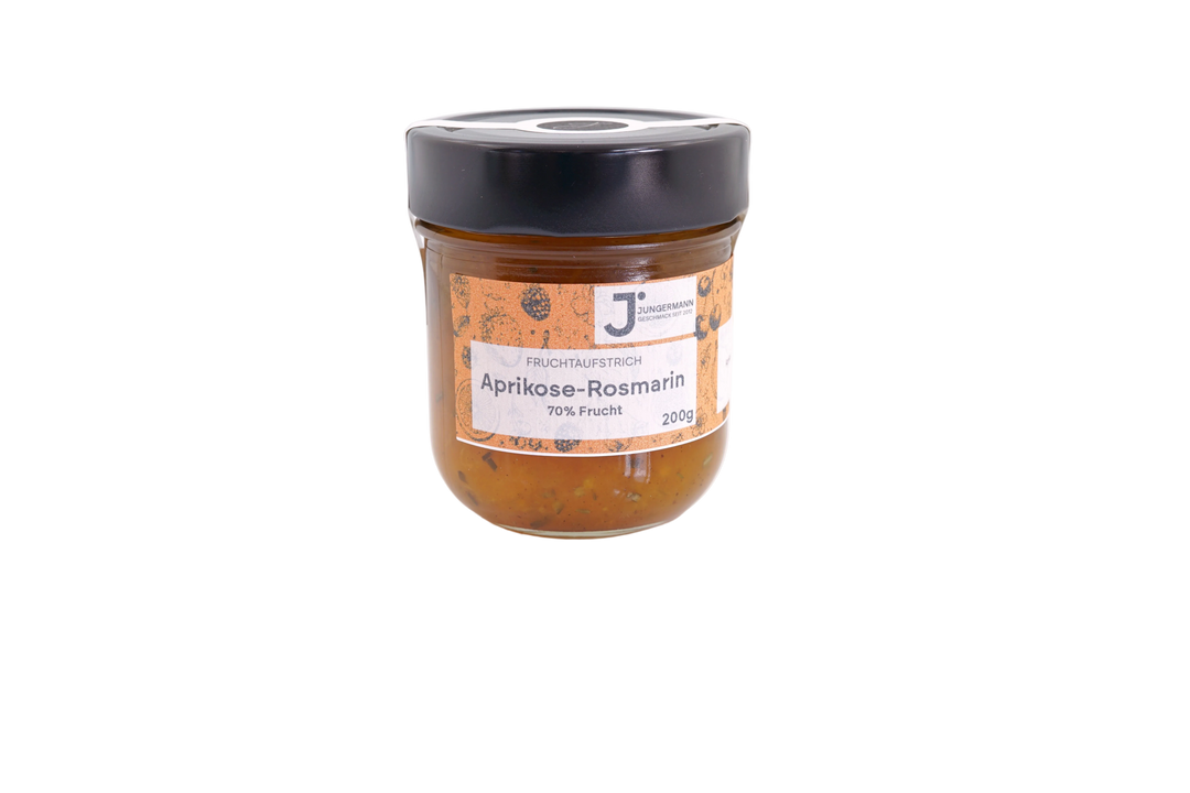Aprikosen-Rosmarin Fruchtaufstrich von Jungermann Gourmet im 200-g-Glas mit orangefarbenem Etikett, 70 % Frucht