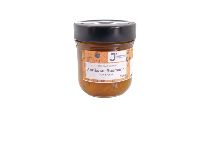 Aprikosen-Rosmarin Fruchtaufstrich von Jungermann Gourmet im 200-g-Glas mit orangefarbenem Etikett, 70 % Frucht