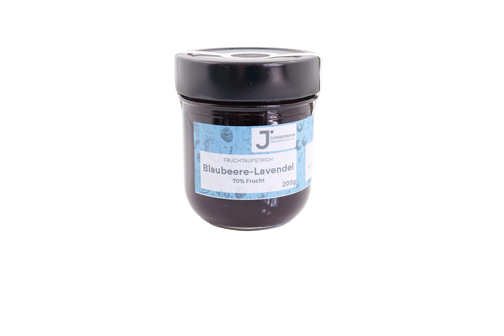 Blaubeere-Lavendel Fruchtaufstrich von Jungermann Gourmet im 200-g-Glas mit hellblauem Etikett, 70 % Frucht
