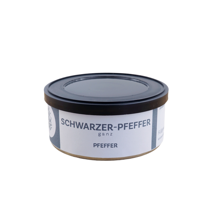 Schwarzer Pfeffer ganz von Jungermann Gourmet, Produktansicht vor weißem Hintergrund.