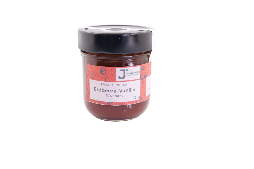 Erdbeere-Vanille Fruchtaufstrich von Jungermann Gourmet im 200-g-Glas mit rotem Etikett und schwarzem Deckel, 70 % Frucht