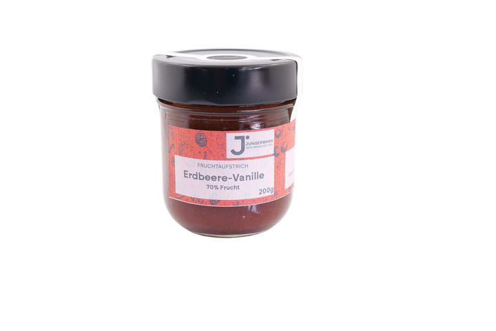 Erdbeere-Vanille Fruchtaufstrich von Jungermann Gourmet im 200-g-Glas mit rotem Etikett und schwarzem Deckel, 70 % Frucht
