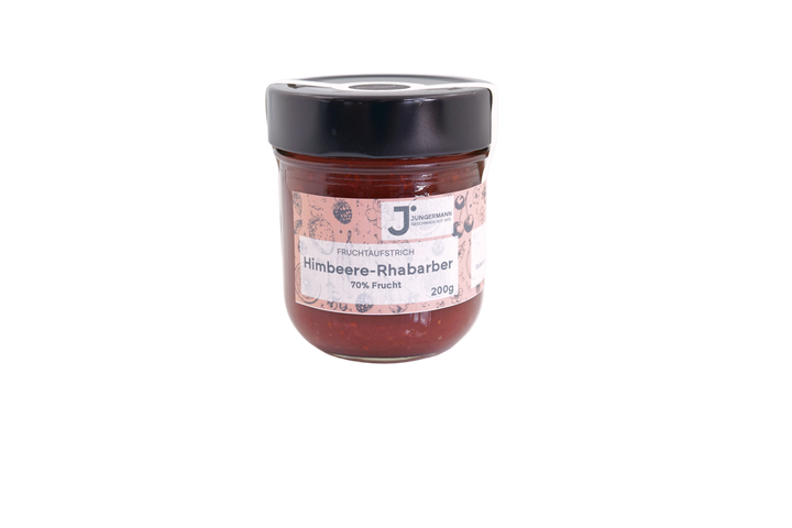 Himbeere-Rhabarber Fruchtaufstrich von Jungermann Gourmet im 200-g-Glas mit lachsfarbenem Etikett, 70 % Frucht