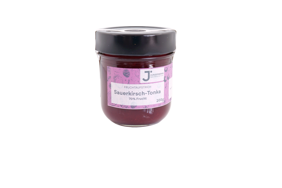 Sauerkirsch-Tonkabohnen Fruchtaufstrich von Jungermann Gourmet im 200-g-Glas mit pinkem Etikett, 70 % Frucht