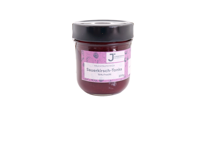 Sauerkirsch-Tonkabohnen Fruchtaufstrich von Jungermann Gourmet im 200-g-Glas mit pinkem Etikett, 70 % Frucht