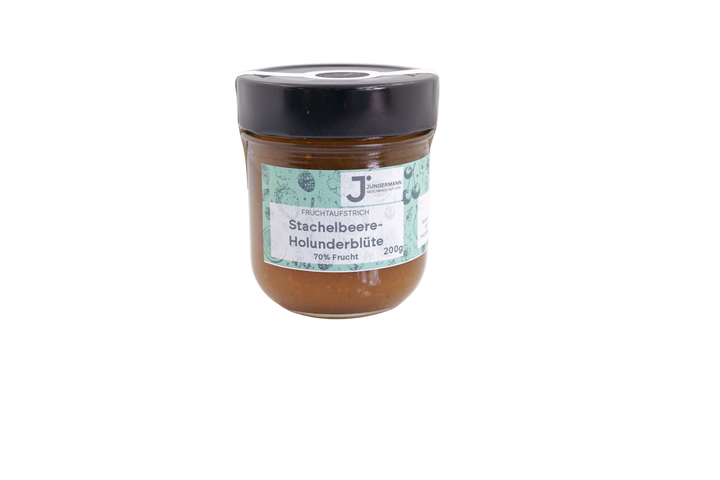 Stachelbeer-Holunderblüten Fruchtaufstrich von Jungermann Gourmet im 200-g-Glas mit mintgrünem Etikett, 70 % Frucht