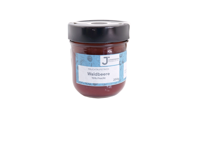 Waldbeeren Fruchtaufstrich mit Himbeeren, Erdbeeren und schwarzen Johannisbeeren von Jungermann Gourmet im 200-g-Glas mit blauem Etikett
