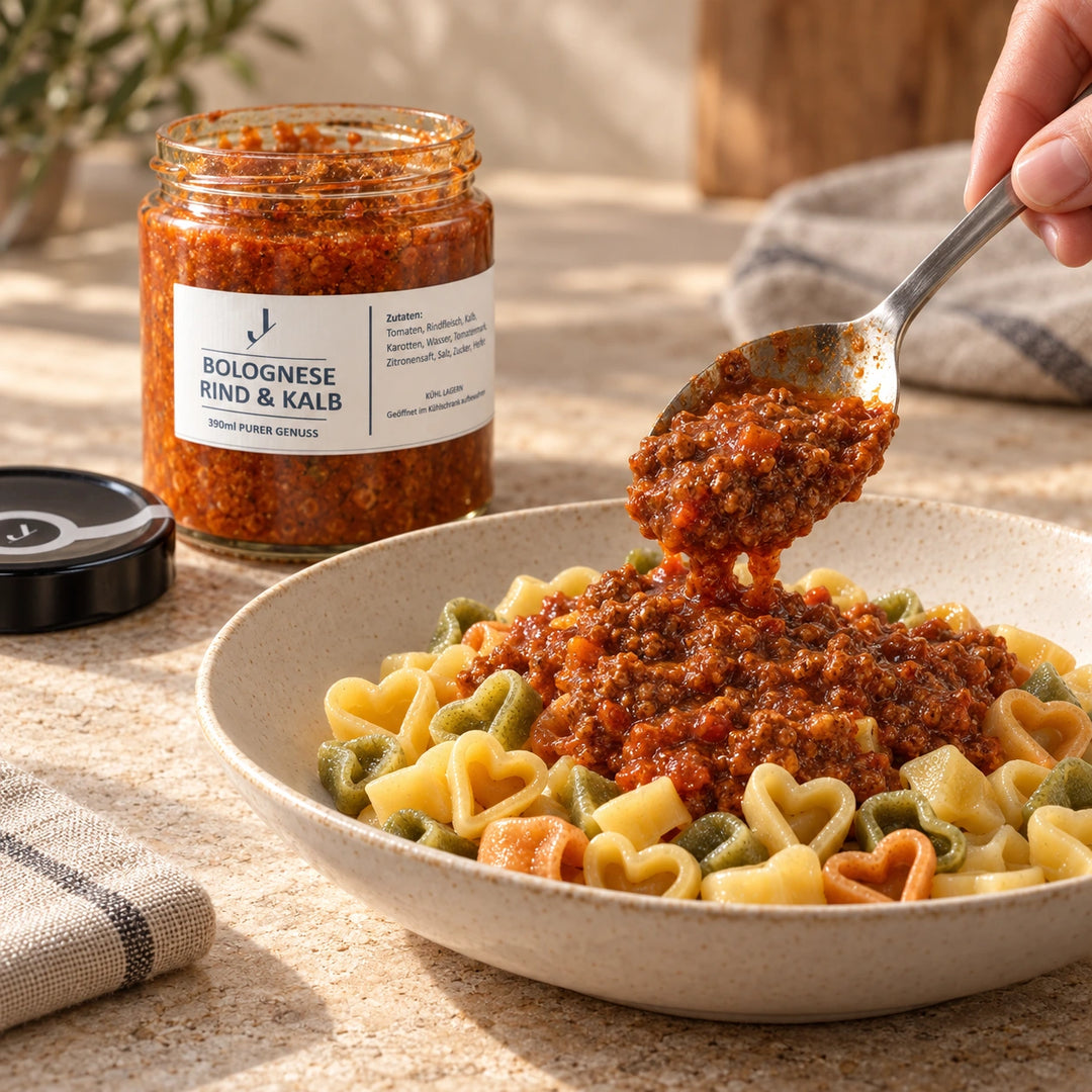 Bolognese vom Rind und Kalb wird auf dreifarbige Herznudeln gegeben; daneben steht das geöffnete Glas aus der Auswahl Abend zu zweit.