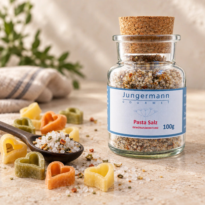 Dreifarbige Herznudeln neben Pasta-Salz im Korkglas und einer kleinen Portion der Gewürzzubereitung als Detail aus Abend zu zweit.