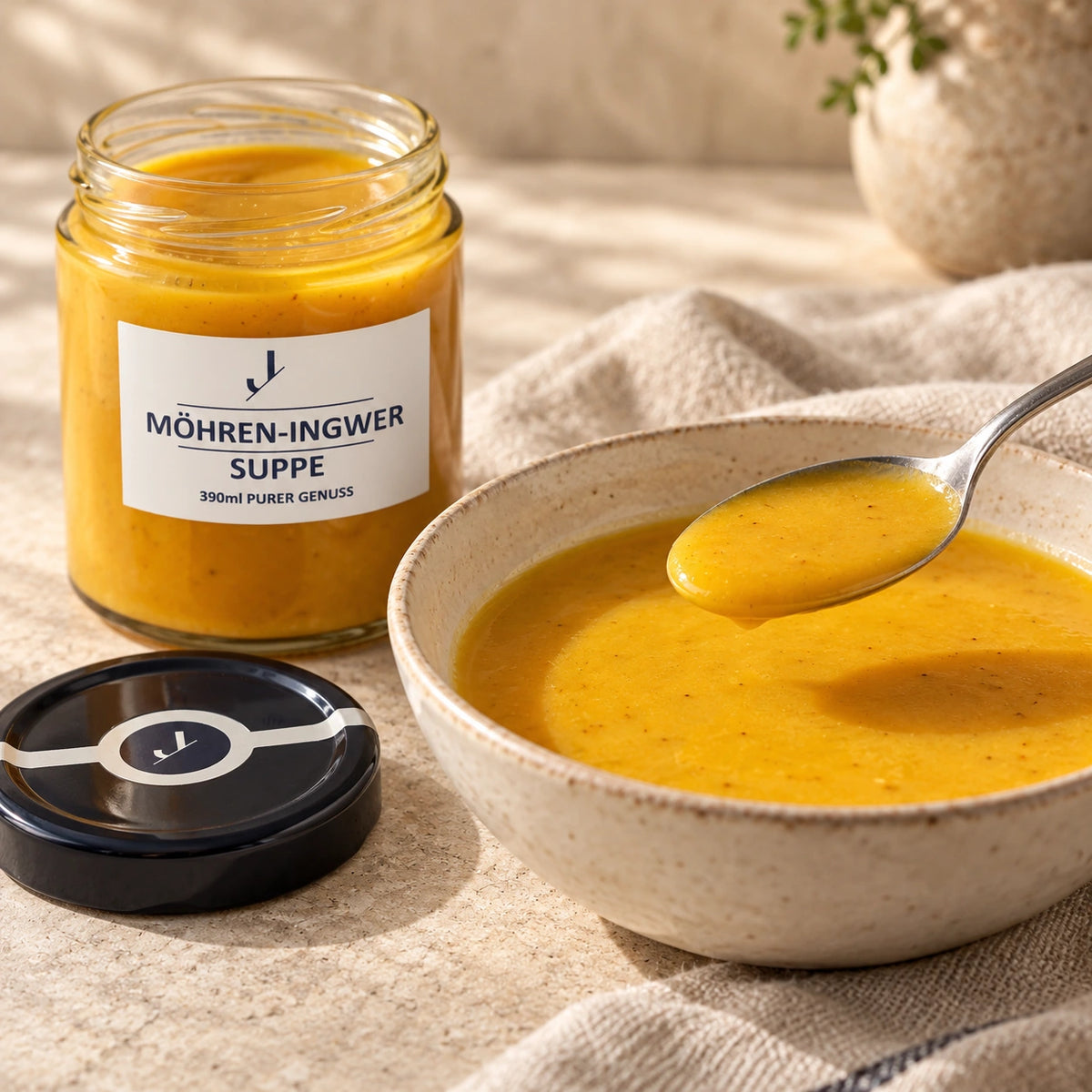 Möhren-Ingwer-Suppe aus der Auswahl Abend zu zweit im geöffneten Originalglas neben einer Schale mit goldgelber Suppe und Löffel.
