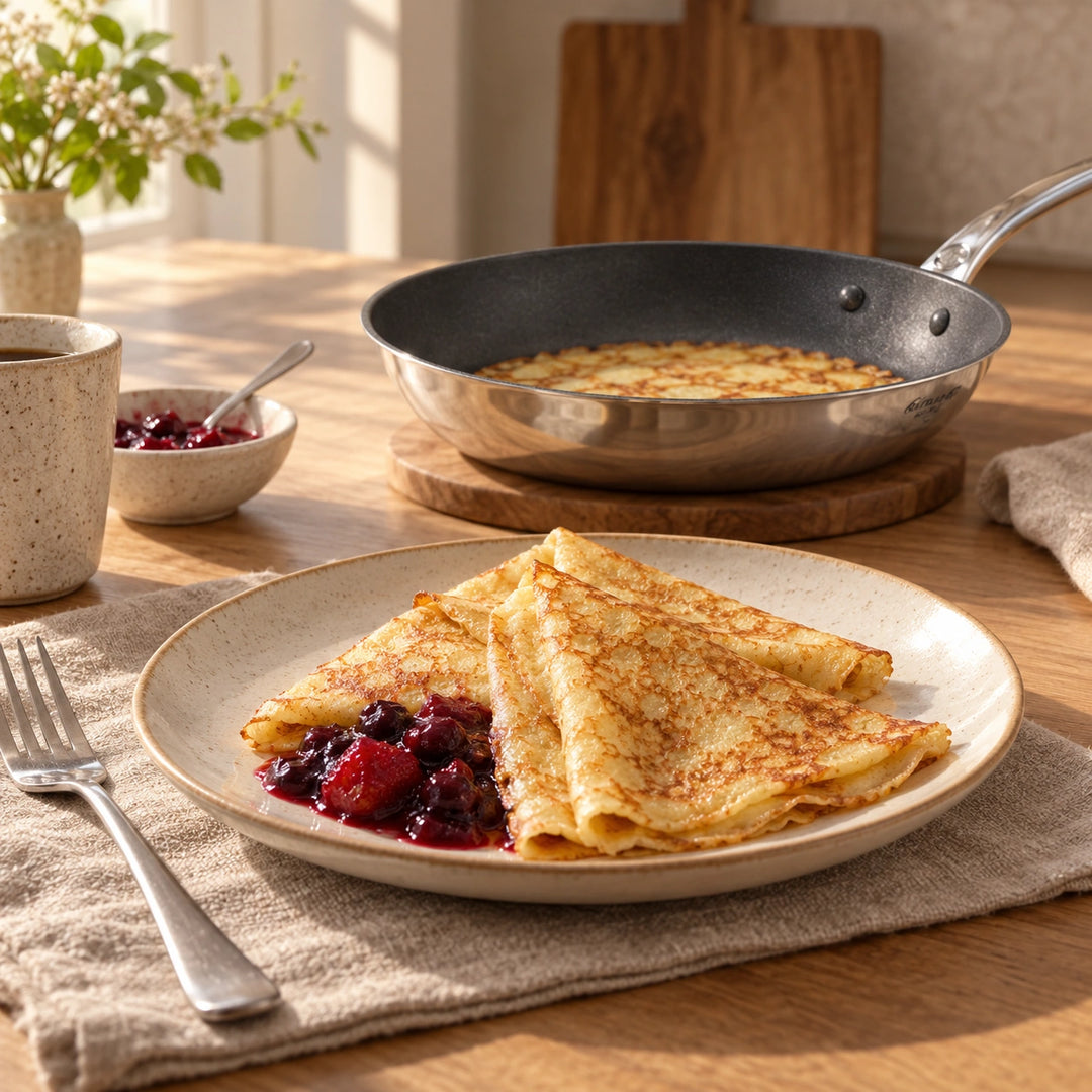 Serviervorschlag: Goldbraune Crêpes auf einem Keramikteller neben der beschichteten Pfanne Affinity.