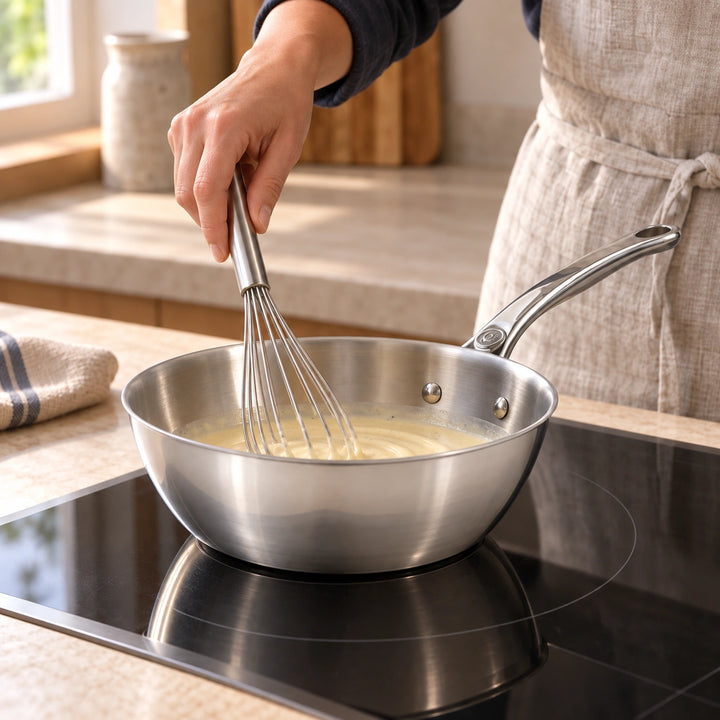 Anwendungsbeispiel: Eine Hand schlägt eine Sauce in der Sauteuse Affinity auf.