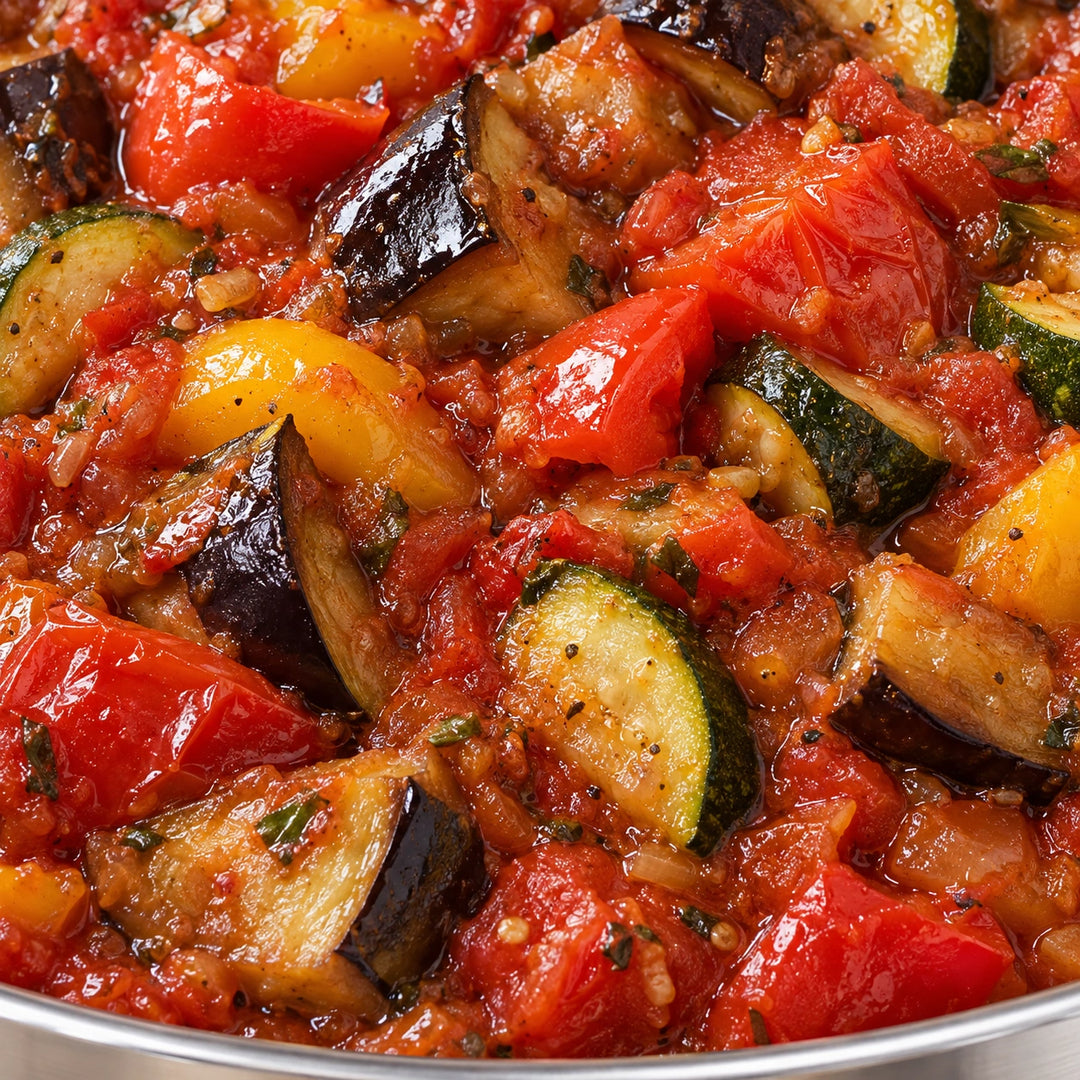Anwendungsbeispiel: Nahaufnahme von Aubergine, Zucchini, Paprika und Tomaten im Sautiertopf Affinity.