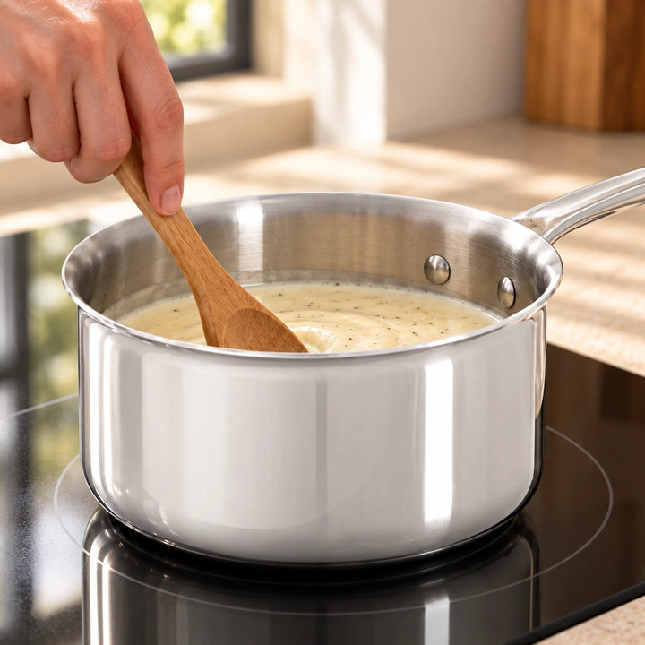 Anwendungsbeispiel: Eine Hand rührt eine helle Sauce im Affinity-Stieltopf.