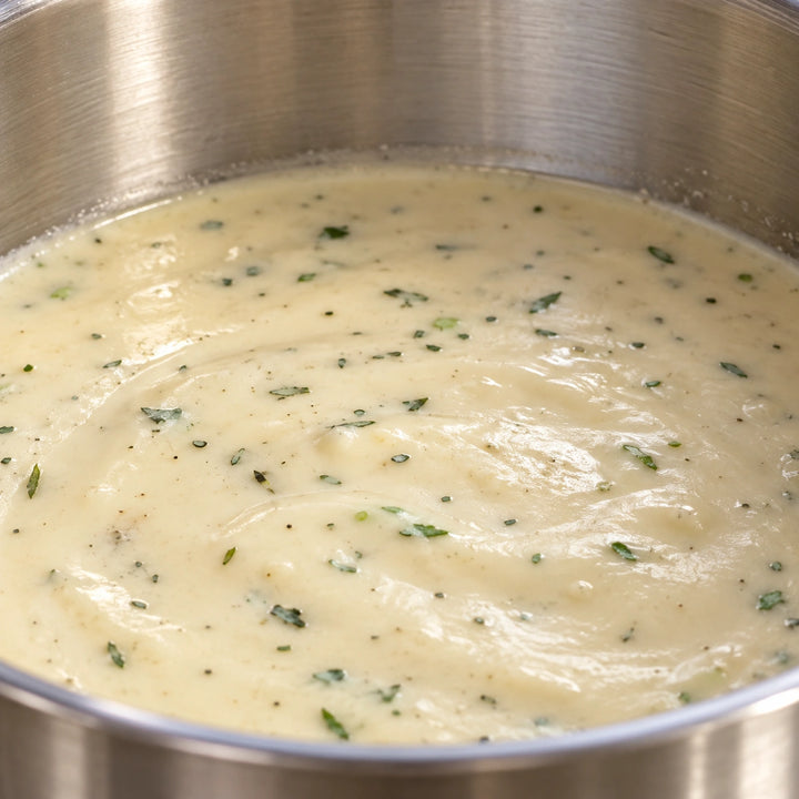 Anwendungsbeispiel: Nahaufnahme einer hellen Kräutersauce im Edelstahl-Stieltopf Affinity.