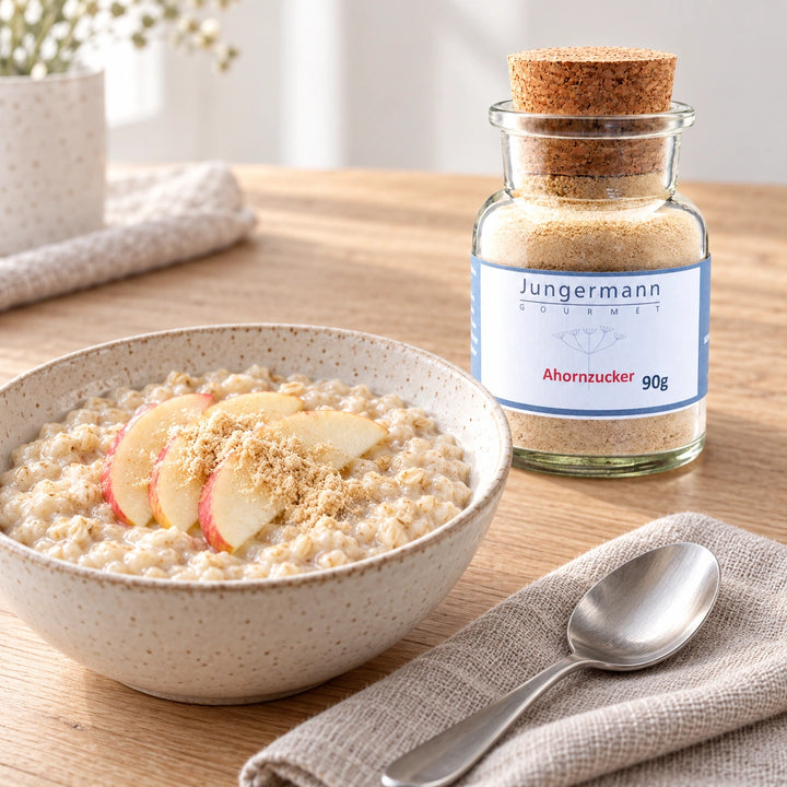 Apfel-Porridge mit Ahorn-Zucker als Serviervorschlag neben dem verschlossenen Originalglas mit Korken.