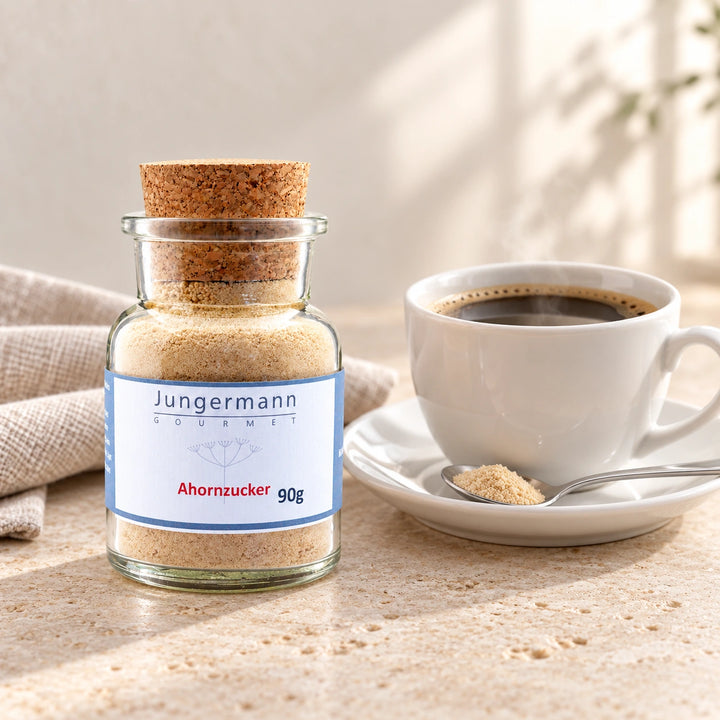 Ahorn-Zucker im originalen Korkglas neben einer Tasse Kaffee und einem Teelöffel mit Zucker als Serviervorschlag.