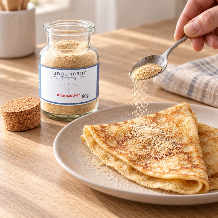 Ahorn-Zucker wird über goldbraune Pfannkuchen gestreut; daneben steht das geöffnete Originalglas mit Korkverschluss.