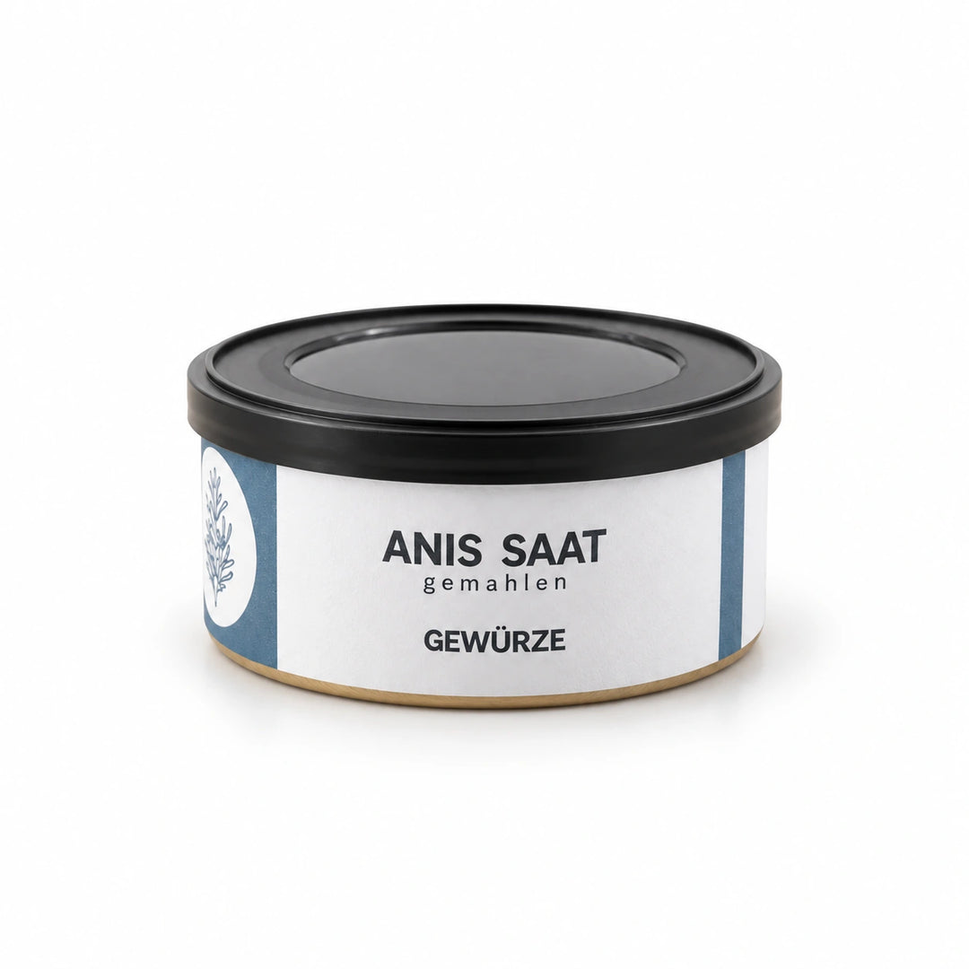 Freisteller von Anis-Saat gemahlen in der flachen Jungermann-Gourmet-Gewürzdose mit schwarzem Deckel vor weißem Hintergrund.