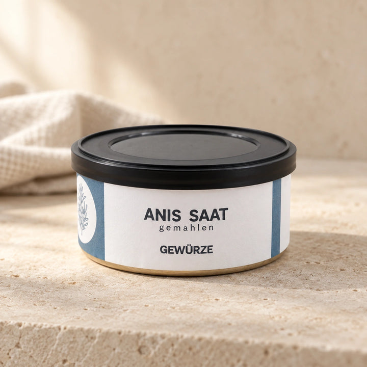 Anis-Saat gemahlen von Jungermann Gourmet in der flachen Gewürzdose mit schwarzem Deckel auf hellem Naturstein.