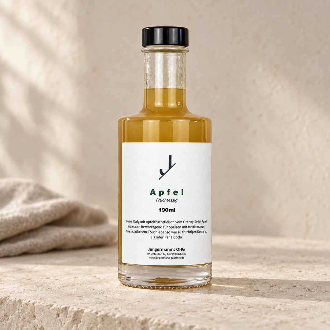 Apfel-Fruchtessig von Jungermann Gourmet in der Glasflasche mit schwarzem Verschluss und weißem Etikett auf hellem Naturstein.