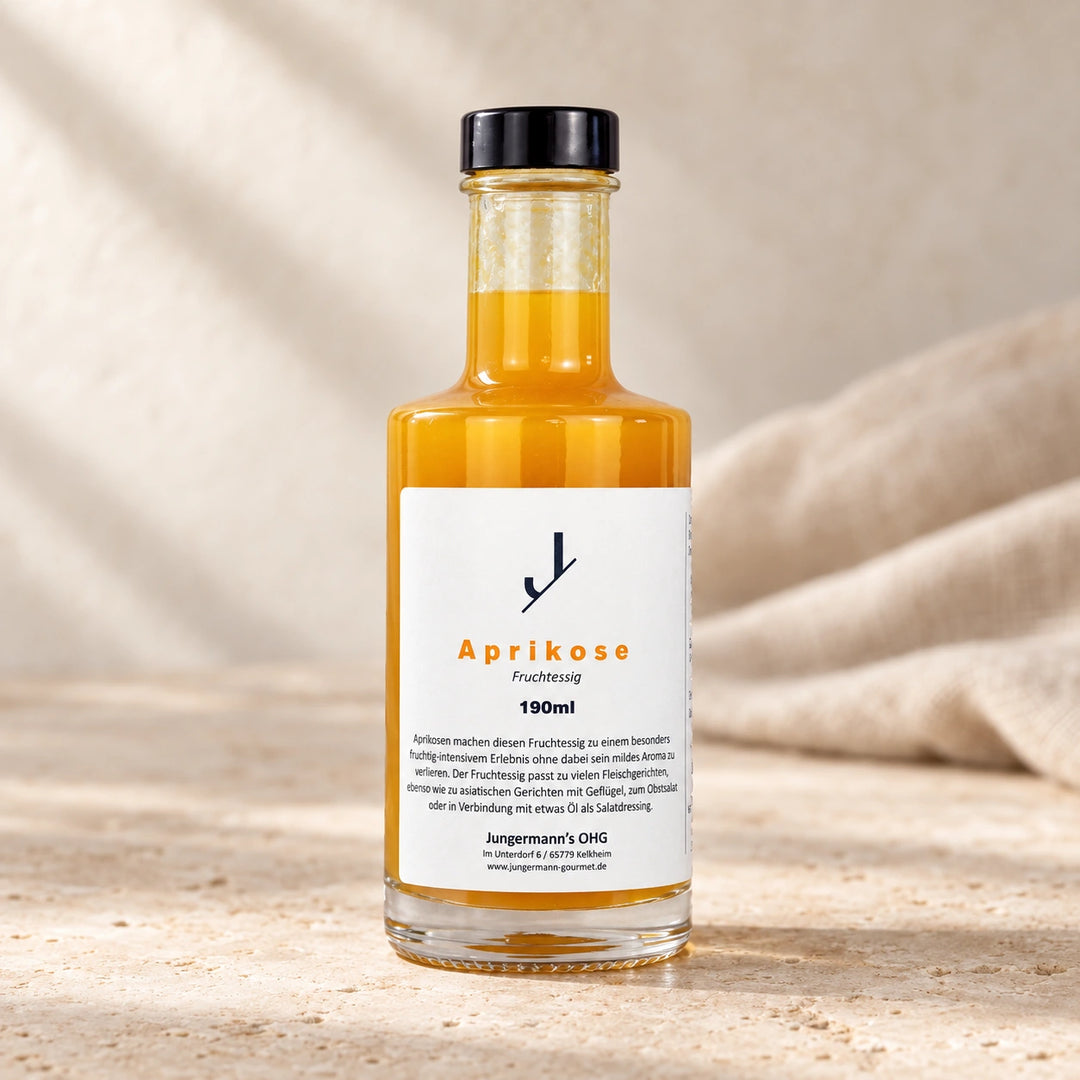 Aprikosen-Fruchtessig von Jungermann Gourmet in der Glasflasche mit schwarzem Verschluss und weißem Etikett auf hellem Naturstein.