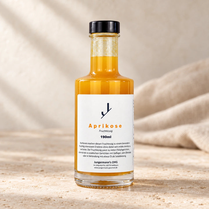 Aprikosen-Fruchtessig von Jungermann Gourmet in der Glasflasche mit schwarzem Verschluss und weißem Etikett auf hellem Naturstein.