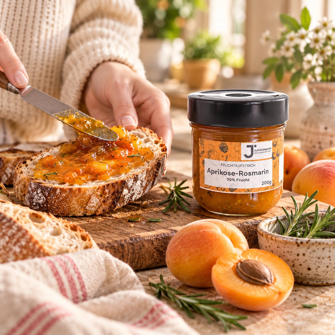 Eine Hand streicht Aprikosen-Rosmarin Fruchtaufstrich auf eine Scheibe Bauernbrot, neben dem Originalglas und halbierten Aprikosen