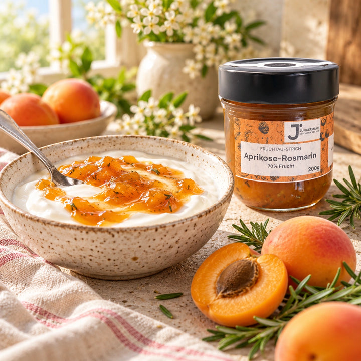 Serviervorschlag: Naturjoghurt mit Aprikosen-Rosmarin Fruchtaufstrich in einer Keramikschale neben dem Glas und halbierten Aprikosen